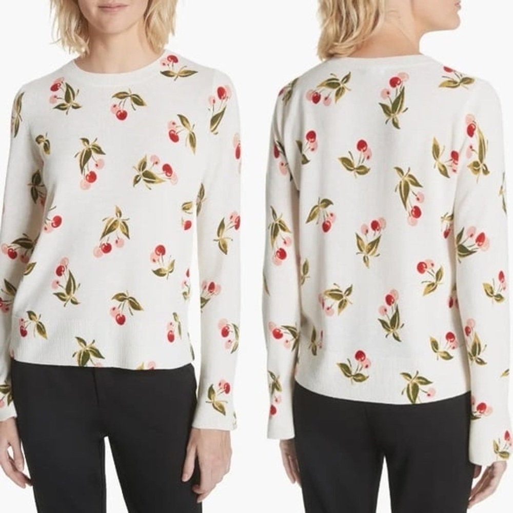Joie Cashmere Cherry Print Ivory Red Long Sleeve Sweater